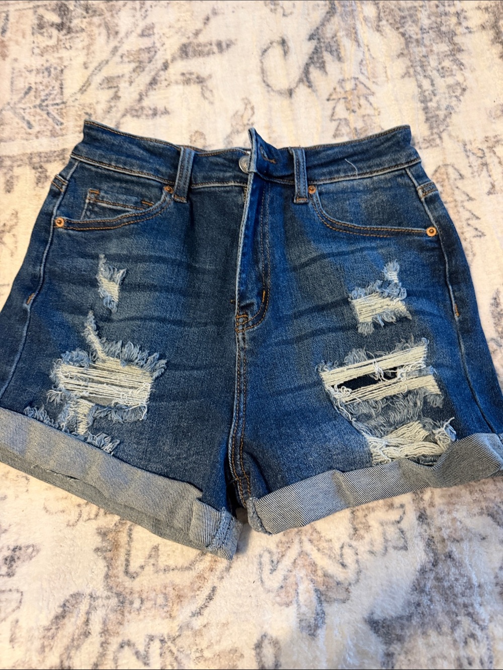 Wax Jean Distressed Rolled Hem Denim Shorts - Blue